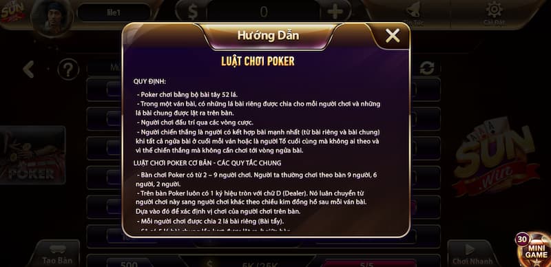 Bảng hướng dẫn Poker Sunwin trong game